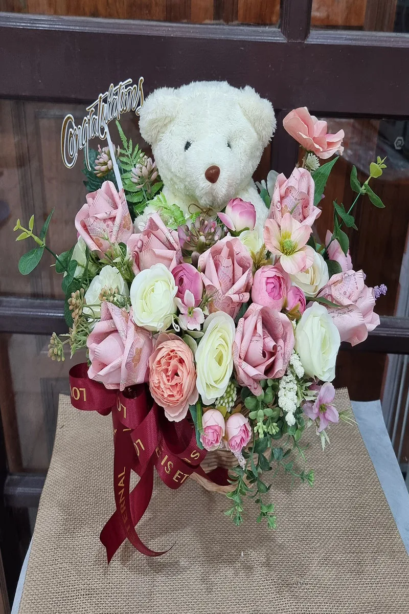 ตะกร้าแบงค์พับดอกกุหลาบ ตะกร้าแบงค์พับ