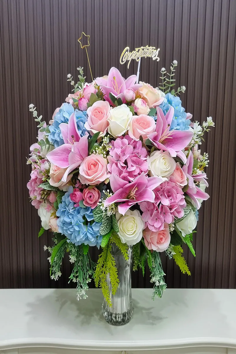 แจกันดอกไม้ประดิษฐ์ แจกันดอกไม้ประดิษฐ์สีชมพูฟ้า