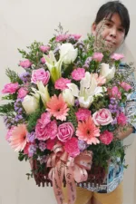 กระเช้าดอกไม้สีชมพูสด-PB1002 - Image 3