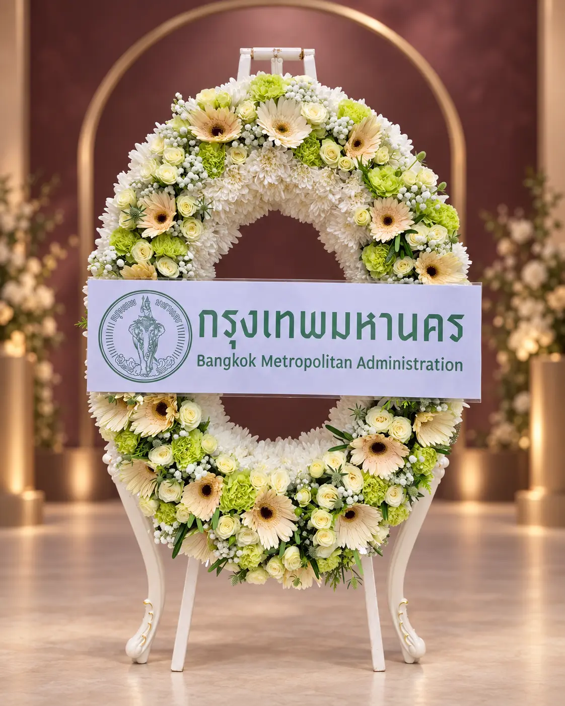 พวงหรีดดอกไม้สดสีขาวและเขียวบนฉาก Rose Champagne