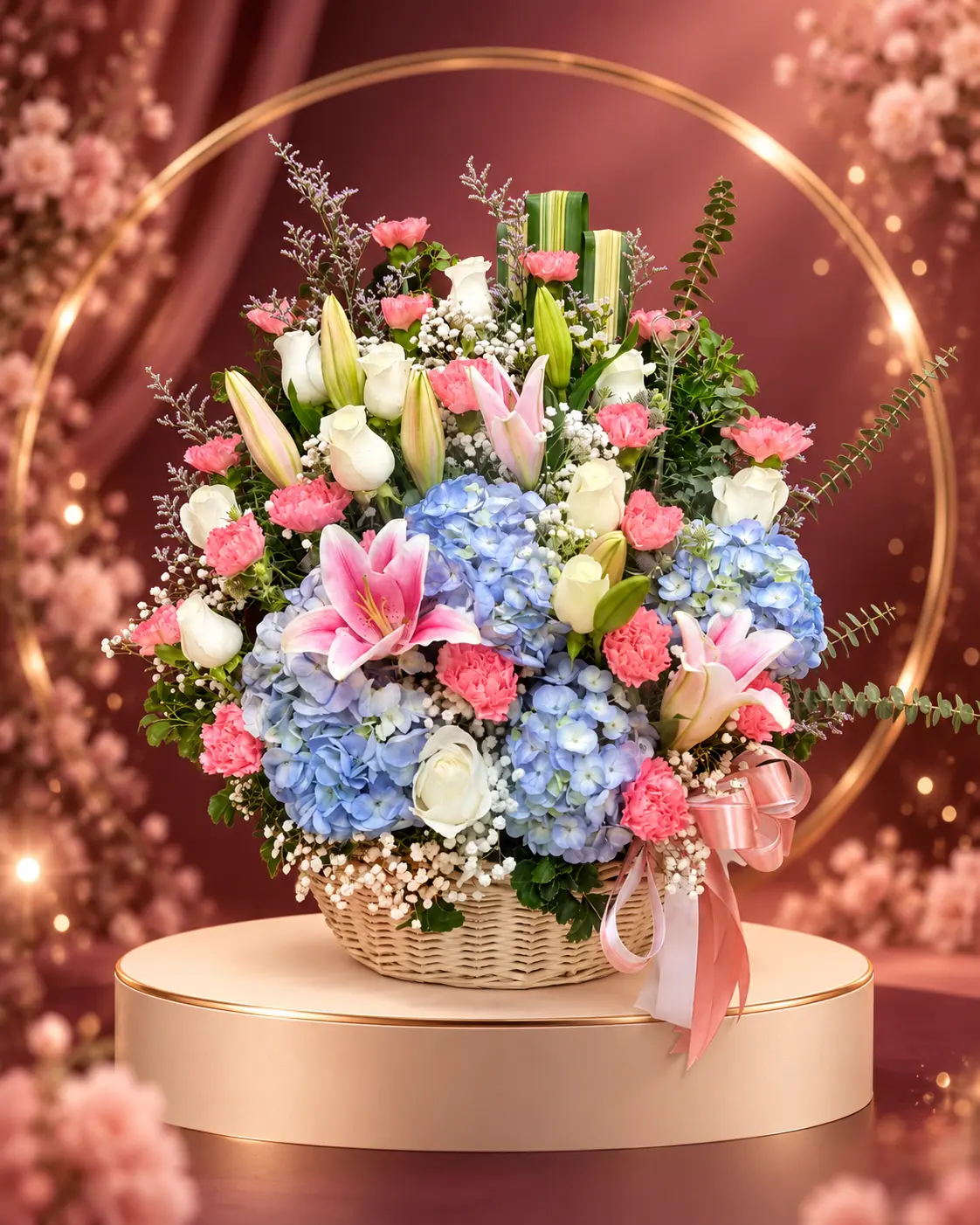 กระเช้าดอกไม้สดไฮเดรนเยียสีฟ้าและดอกไม้โทนชมพูบนฉาก Rose Champagne