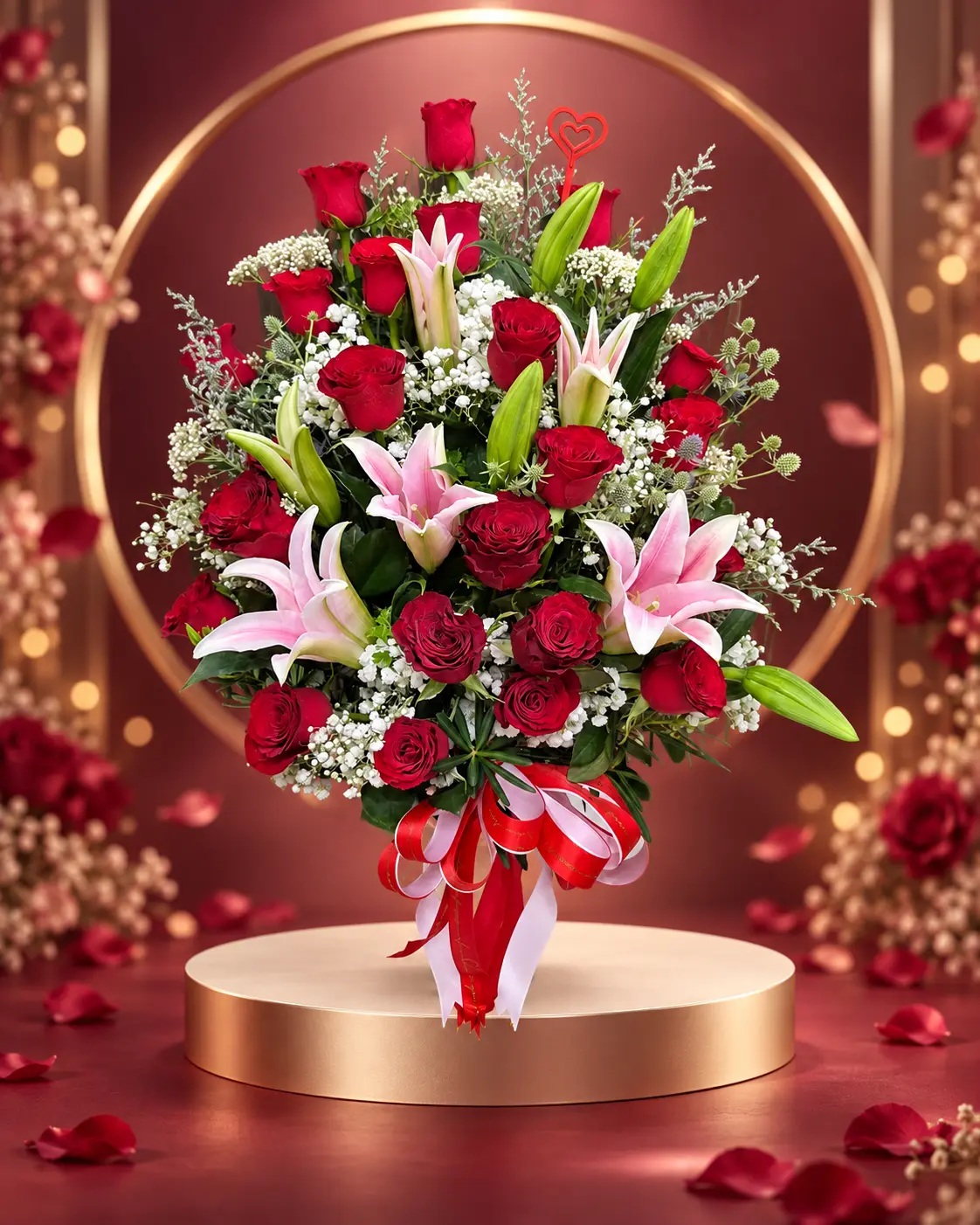 แจกันดอกไม้สดกุหลาบแดงและลิลลี่สีชมพูบนฉาก Rose Champagne
