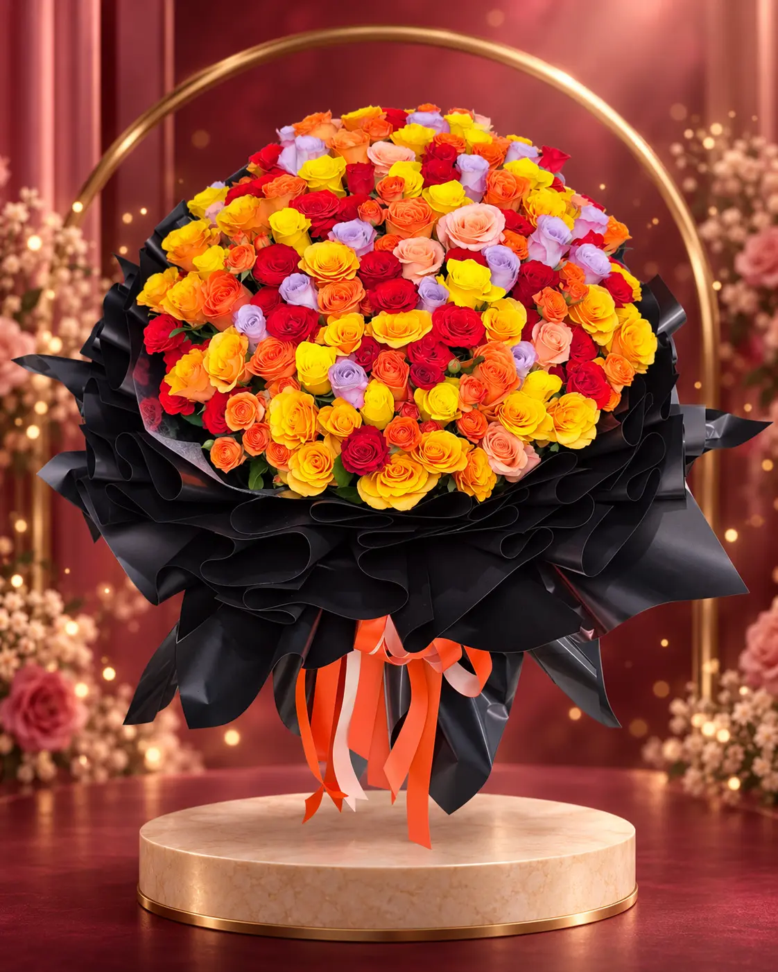 ช่อดอกกุหลาบสดหลากสีขนาดใหญ่บนฉาก Rose Champagne