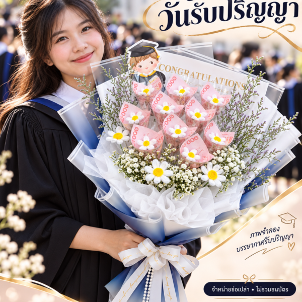 ช่อเปล่าใส่แบงค์เอง 10 ใบ ห่อสีน้ำเงิน ดอกเดซี่ลวดกำมะหยี่ ภาพ 7