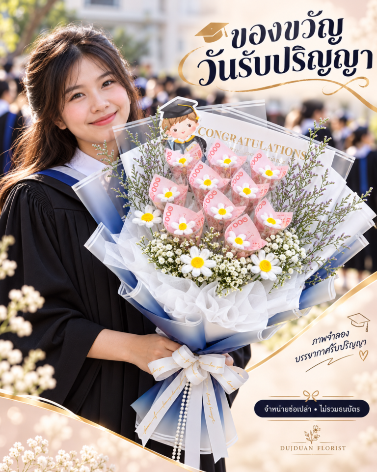 ช่อเปล่าใส่แบงค์เอง 10 ใบ ห่อสีน้ำเงิน ดอกเดซี่ลวดกำมะหยี่ ภาพ 7
