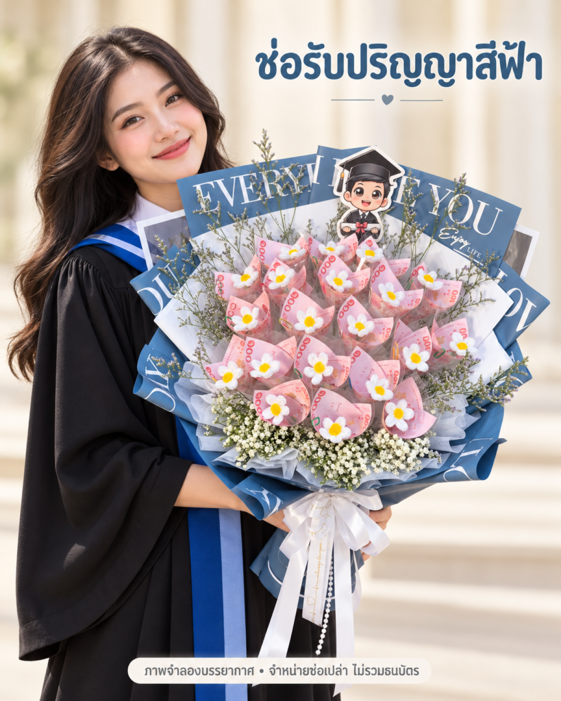 ช่อทรงพัดสีฟ้า ภาพจำลองบัณฑิตหญิงถือช่อ
