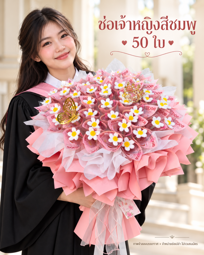 ช่อเจ้าหญิงสีชมพู ภาพจำลองบัณฑิตถือช่อเป็นปก