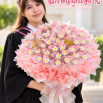ช่อเจ้าหญิงสีชมพูหวาน ดอกเดซี่ลวดกำมะหยี่ ช่อเปล่าใส่แบงค์เอง