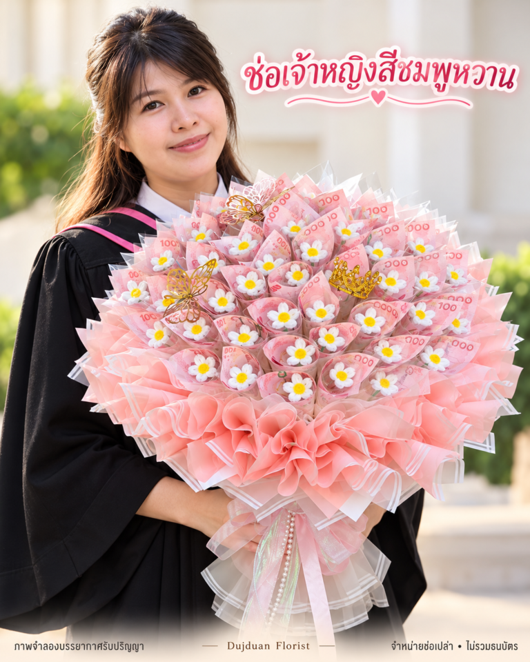 ช่อเจ้าหญิงสีชมพูหวาน ดอกเดซี่ลวดกำมะหยี่ ช่อเปล่าใส่แบงค์เอง