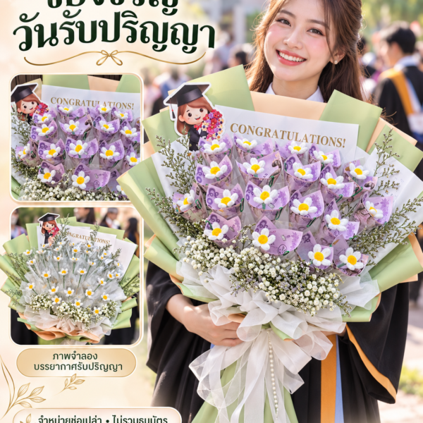 ภาพจำลองรับปริญญาถือช่อสีเขียวใส่ธนบัตรม่วง