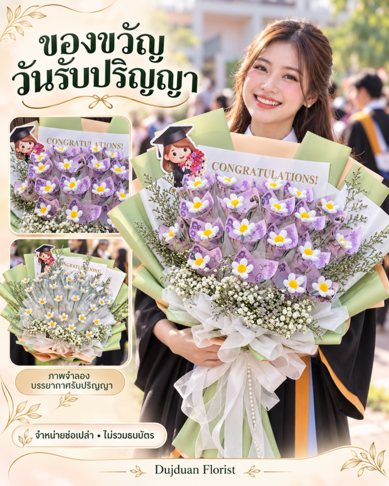 ภาพจำลองรับปริญญาถือช่อสีเขียวใส่ธนบัตรม่วง