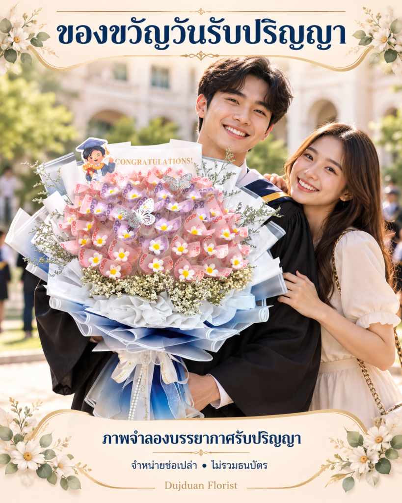 ช่อเปล่าใส่แบงค์เอง 50 ใบ ห่อสีน้ำเงินไล่สี ภาพจำลองรับปริญญาพร้อมธนบัตร ไม่รวมธนบัตร