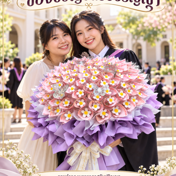 ภาพจำลองบรรยากาศรับปริญญา ช่อสีม่วงหลังใส่ธนบัตร
