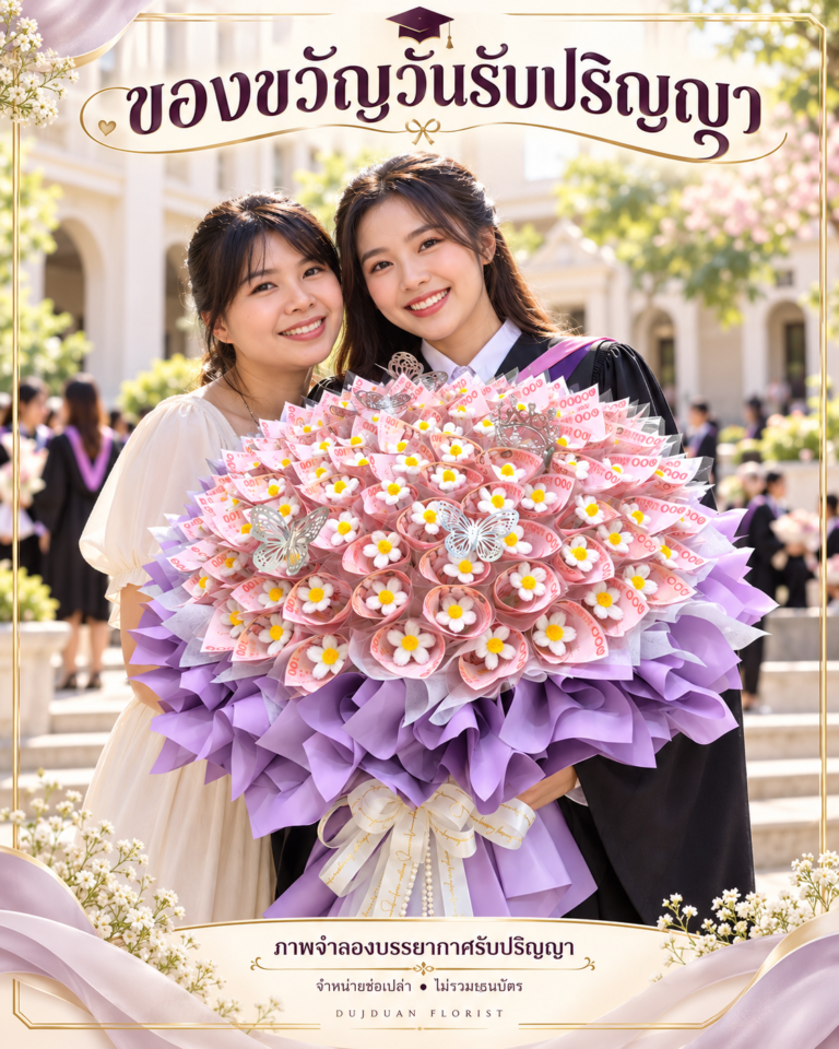ภาพจำลองบรรยากาศรับปริญญา ช่อสีม่วงหลังใส่ธนบัตร