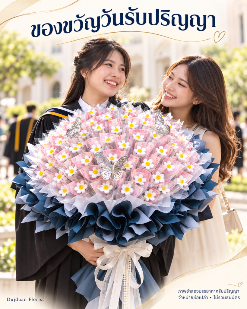 ภาพจำลองบรรยากาศรับปริญญา ช่อสีกรม 100 ใบ หลังใส่ธนบัตร