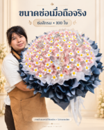 ภาพคนถือช่อสีกรม 100 ใบ จำลองหลังใส่ธนบัตร