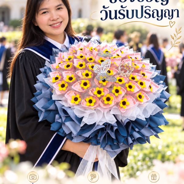 ภาพจำลองบรรยากาศรับปริญญาถือช่อสีกรมหลังใส่ธนบัตร