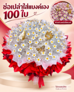 ช่อเปล่าใส่แบงค์เอง 100 ใบ สีแดง พร้อมภาพตัวอย่างหลังใส่ธนบัตรมุมบน