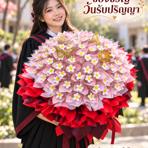 ภาพจำลองบัณฑิตถือช่อสีแดงหลังใส่ธนบัตร ไม่รวมธนบัตรในราคา