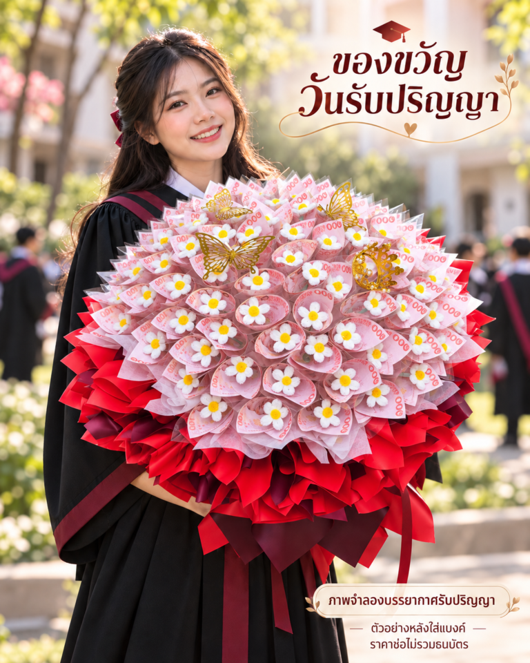 ภาพจำลองบัณฑิตถือช่อสีแดงหลังใส่ธนบัตร ไม่รวมธนบัตรในราคา